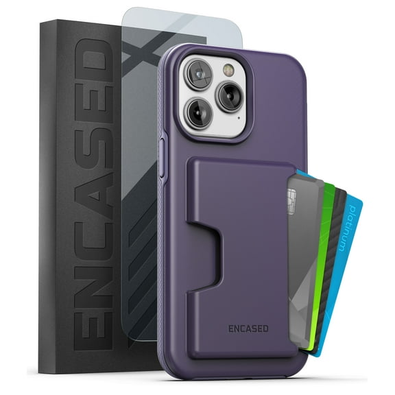 Encased Protective Wallet Case Designed for iPhone 14 PRO with Card Holder and Screen Protector (4 Credit Cards/IDs) - Purple