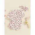 thumbnail image 3 of Suealasg Baby Girl 2Pcs Summer Outfits Short Sleeve Cherry Print Romper +Headband Set 3 6 9 12 18 Months Infant Newborn Girl Clothes, 3 of 7