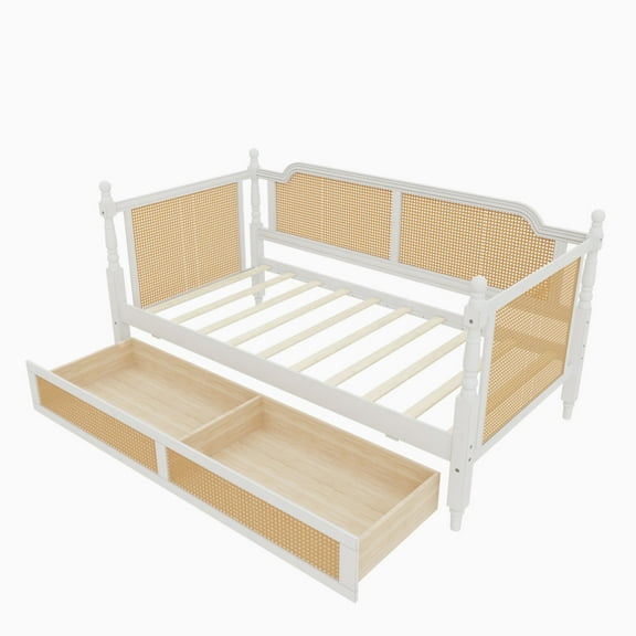 Traditional Style Rattan Twin Size Daybed with 2 Drawers for Limited Space, Guest Room, No Box Spring Needed,Antique White