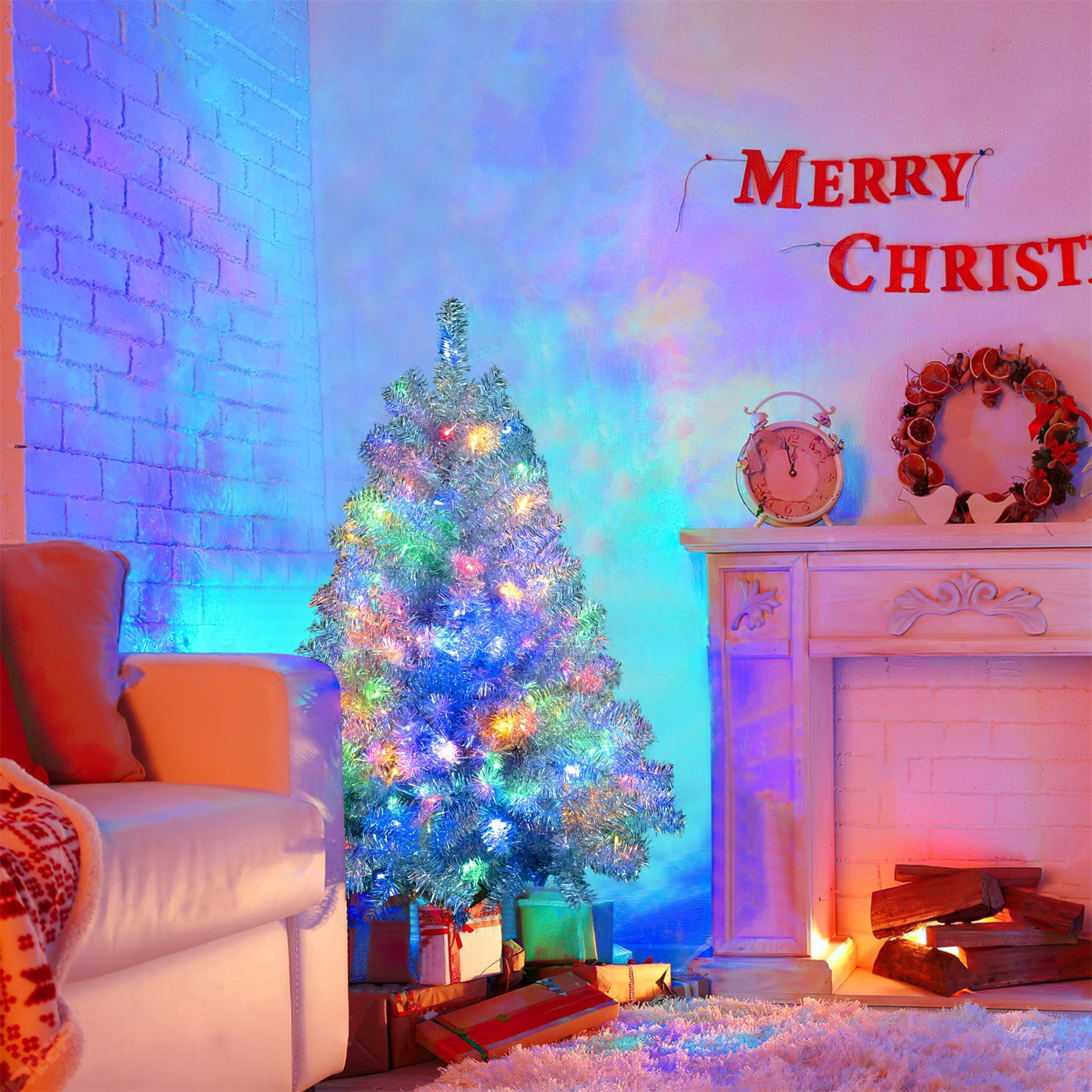 Alvantor 4Ft Pre-Lit Artificial Christmas Tree Hinged Full Tree with 150 LED Lights for Holiday Decoration Sliver