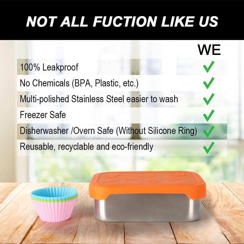 Stainless Steel Lunch Container, 28 oz Leak Proof Lunch Box Set with Orange Food Grade Silicone Lid and 6 Muffin Cups