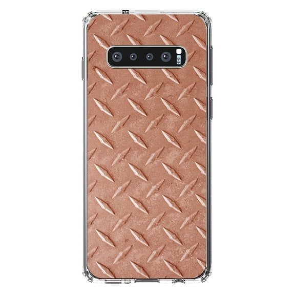DistinctInk Clear Shockproof Hybrid Case for Samsung Galaxy S10 (6.1" Screen) - TPU Bumper, Acrylic Back, Tempered Glass Screen Protector - Orange Diamond Plate Steel Image - Printed Diamond Plate