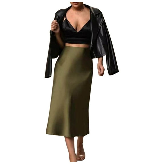 Long Skirts for Women Satin Slim Skirt Solid Color Mid Length Hip Fishtail Skirt Womens Clothes Army Green L