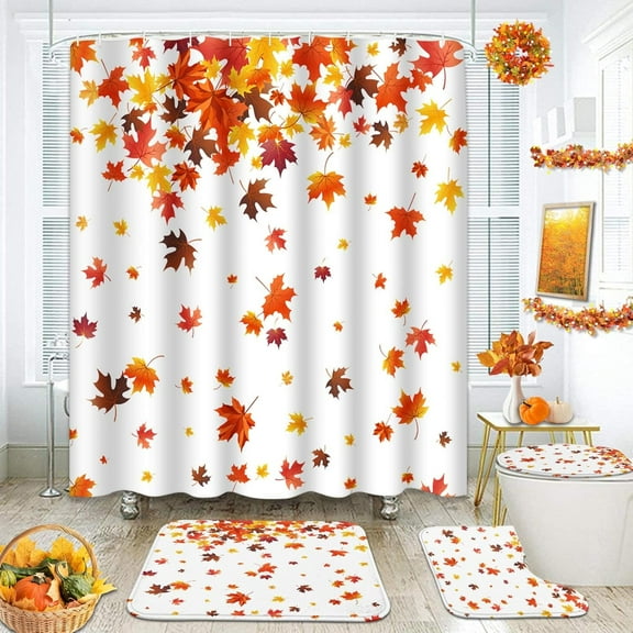 4Pc Autumn Pumpkin Leaves Shower Curtain Sets Fall Buffalo Yellow Leaf Non-Slip Bath Rug, Toilet Lid Cover, Bath Mat, Teal Gray Bathroom Decor Curtain with 12 Hooks Waterproof Fabric