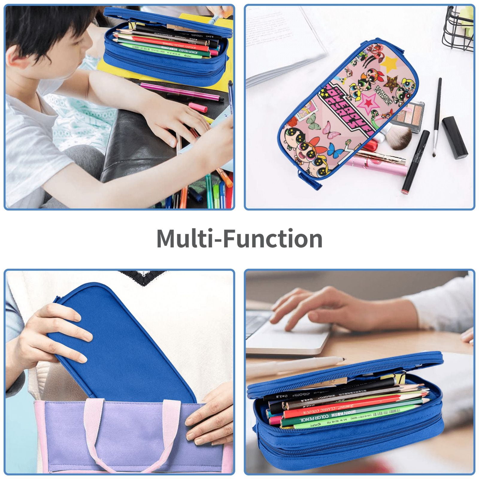 The Powerpuff Gi-rls Pencil Case Large Capacity Pencil Pouch Penbag Office Stationery Organizer Travel Makeup Bag Blue