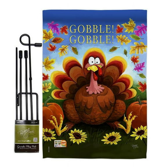 Breeze Decor BD-TG-GS-113051-IP-BO-D-US14-AL 13 x 18.5 in. Gobble Fall Thanksgiving Vertical Double Sided Mini Garden Flag Set with Banner Pole