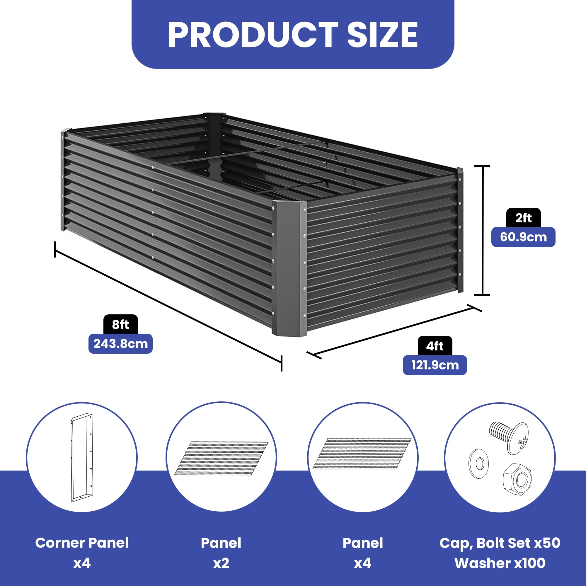 Wooflex Raised Garden Bed 8x4x2 ft with Reinforcement Bars, Corrugated Safety-Wrapped Edge, Dark Gray
