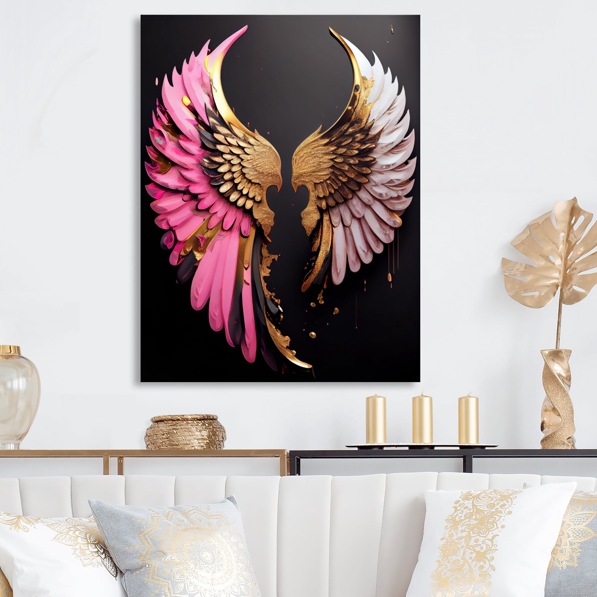 Designart Pink,Gold And Black Angel Wings III Canvas Wall Art