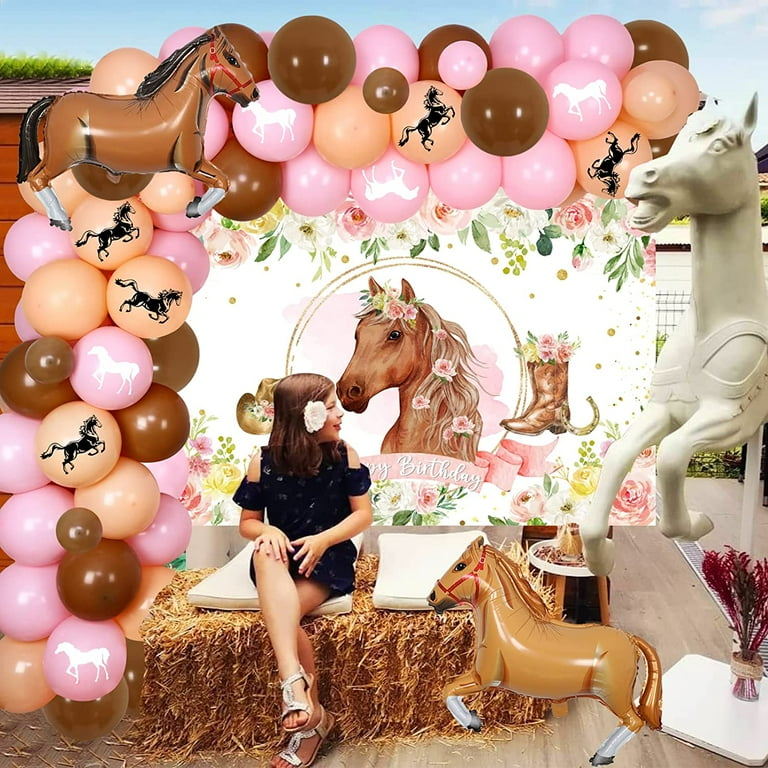 Horse Balloon Garland Arch Kit Pink Floral Horse Photo Backdrop for Girls Racing Horse Balloons Horse Western Cowgirl Theme Birthday Wedding Party
