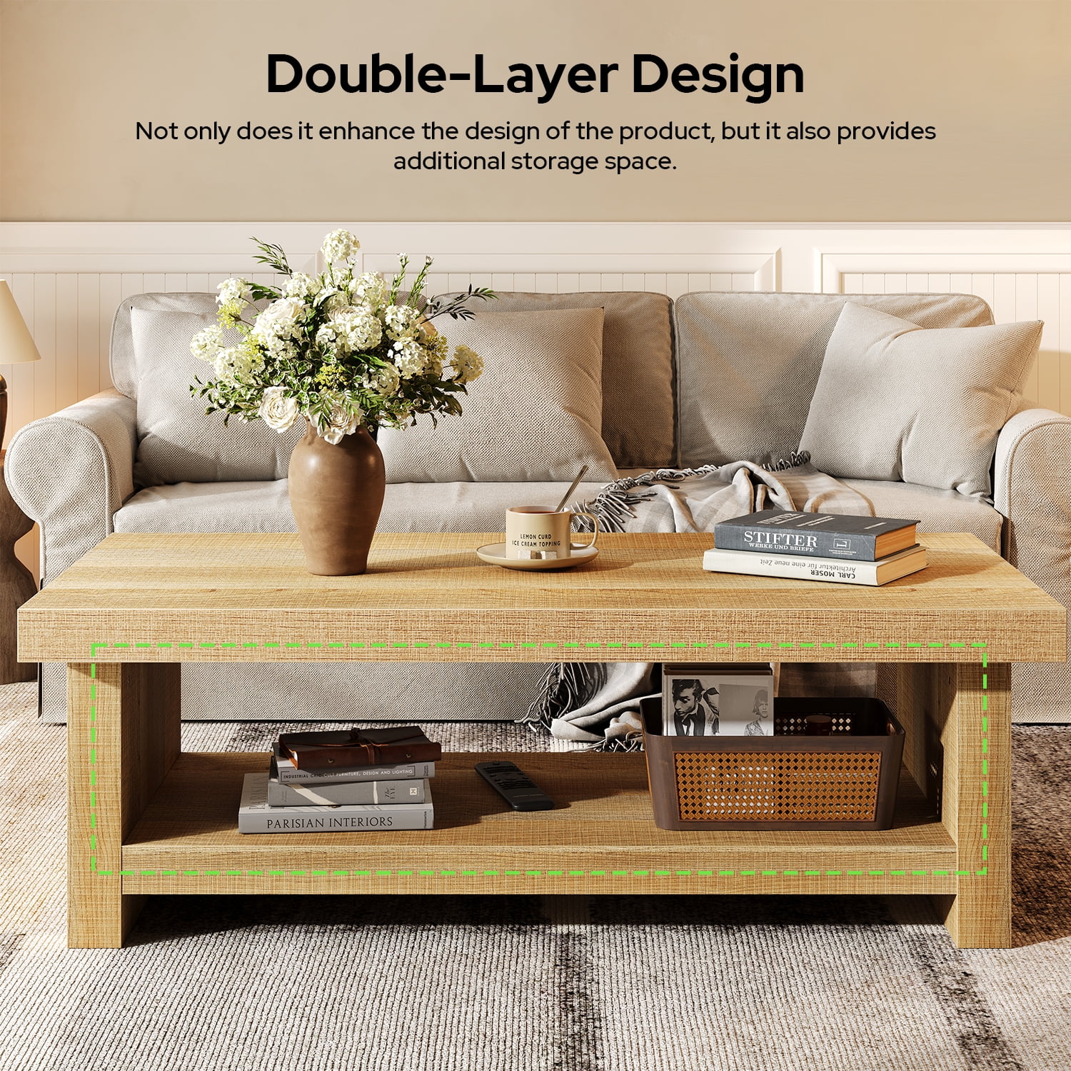 47" Rectangle Farmhouse Coffee Table, 2-Tier Storage Center Tables, Wooden Rectangular Table, Low Cocktail Tea Table for Living Room, Thick & Sturdy Base, Easy Assembly, Natural