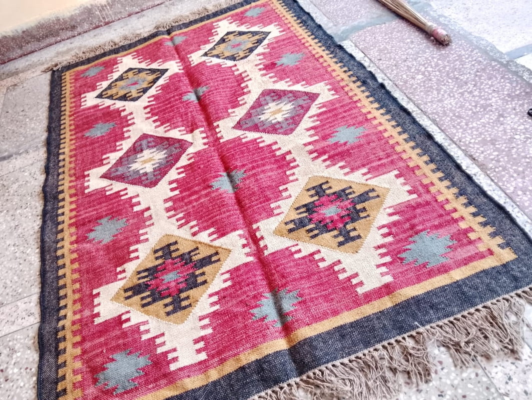 8x10'feet Area Rug For Live Room Wool And Jute Rug In Red Color Handmade Kilim Dhurrie Rug For Beedroom Dining Room Home Office