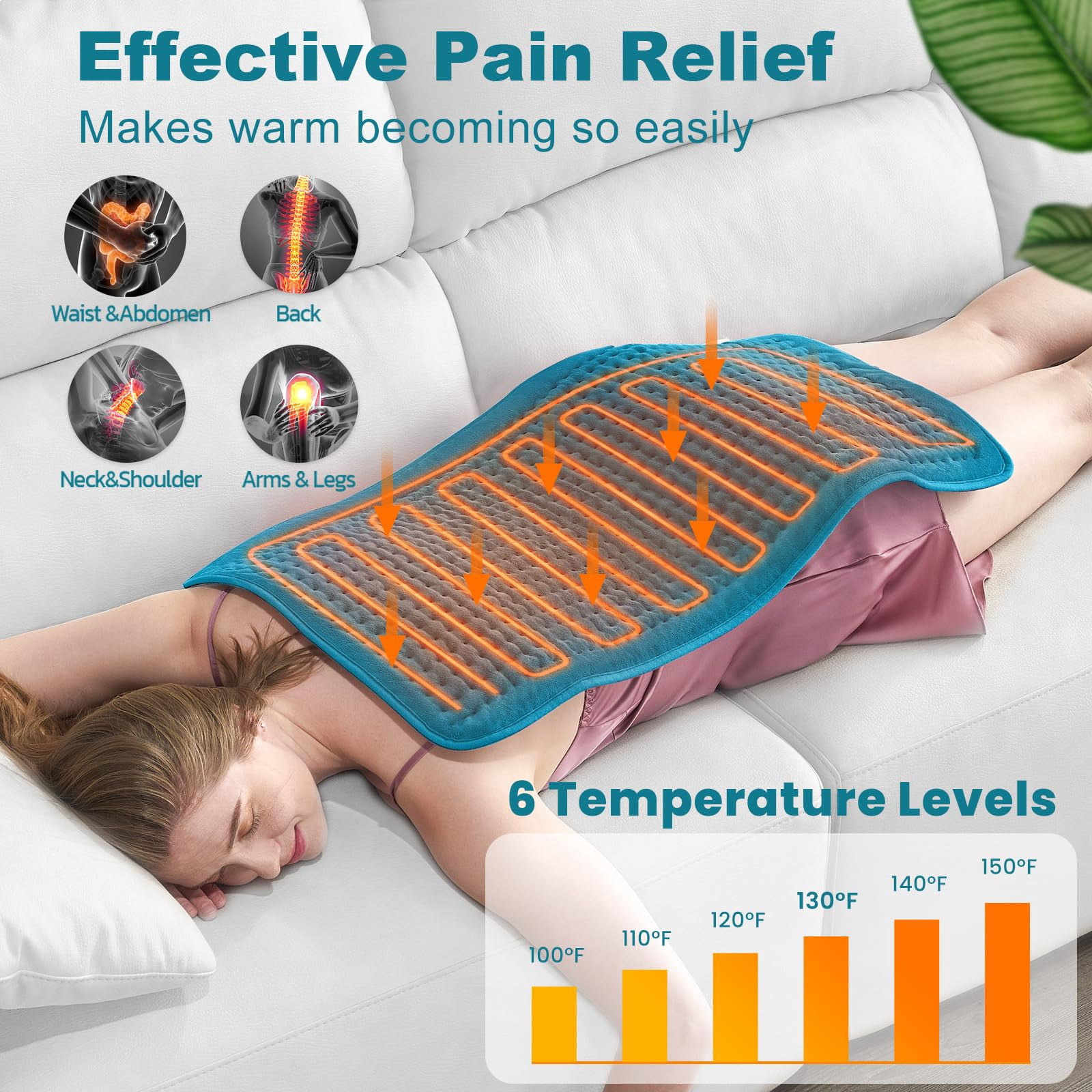 TCVOR Extra Large Heating Pad for Deep Heat and Comfort, 17" x 33" Super Soft Flannel Electric Heating Pad with 6 Heat Settings, 6 Timer Auto Shut off