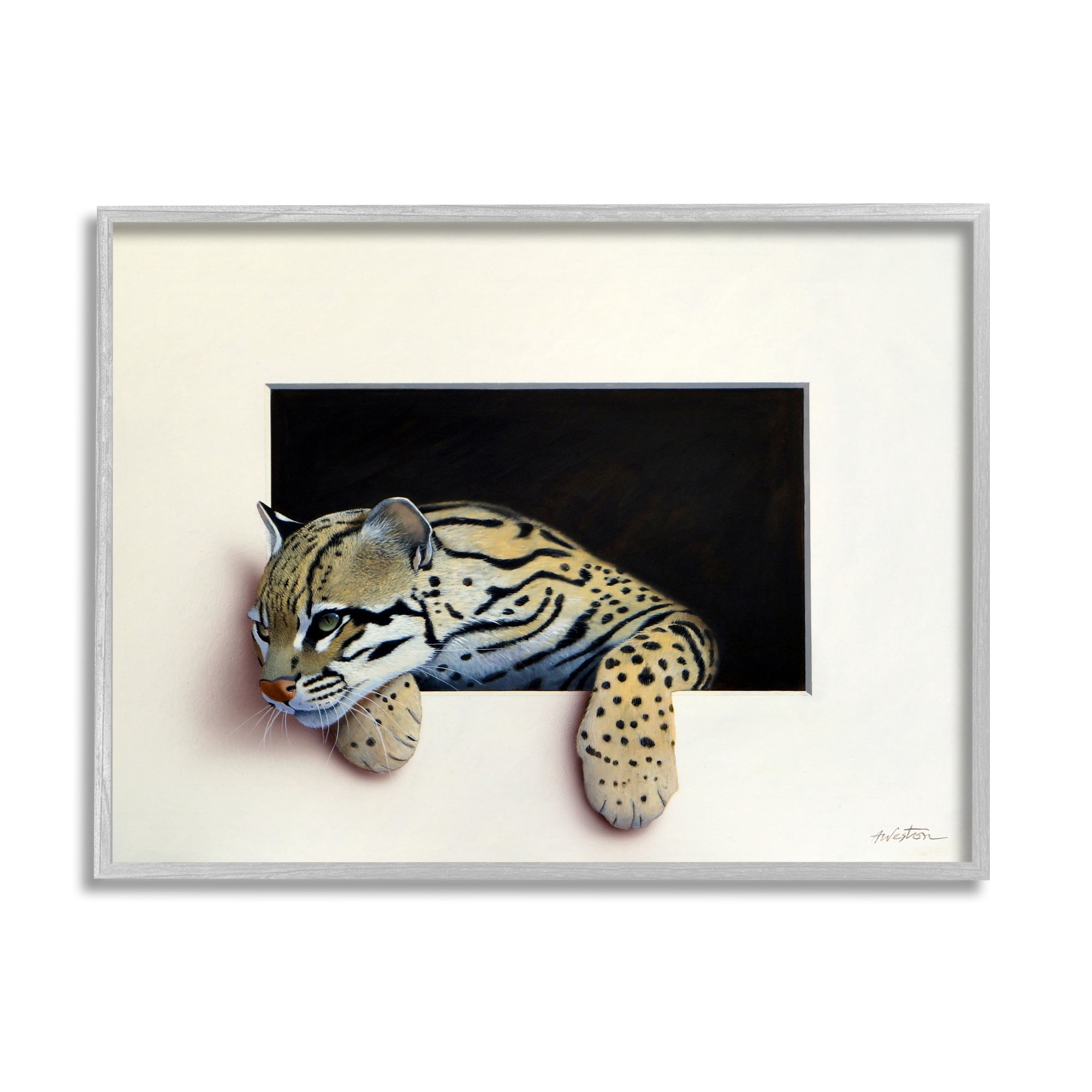 Stupell Industries Wildlife Ocelot Resting Paws Cutout Illusion Painting Gray Framed Art Print Wall Art, Design by Alan Weston