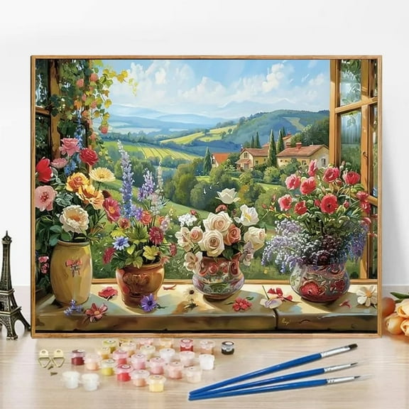 JYLMOOD DIY Paint by Number for Adults, Easy Painting by Numbers for Gift Home Wall Decor 16x20in without Frame, Colored Canvas - Window Flower