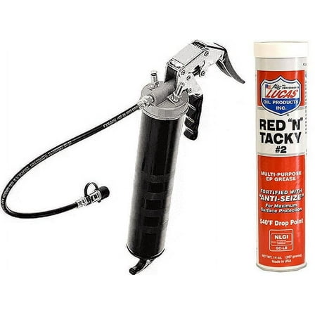 Lumax Heavy-Duty Pistol Grease Gun with 18" Flex Hose & Lucas Multi-Purpose Red N Tacky EP Grease - 14 Ounce