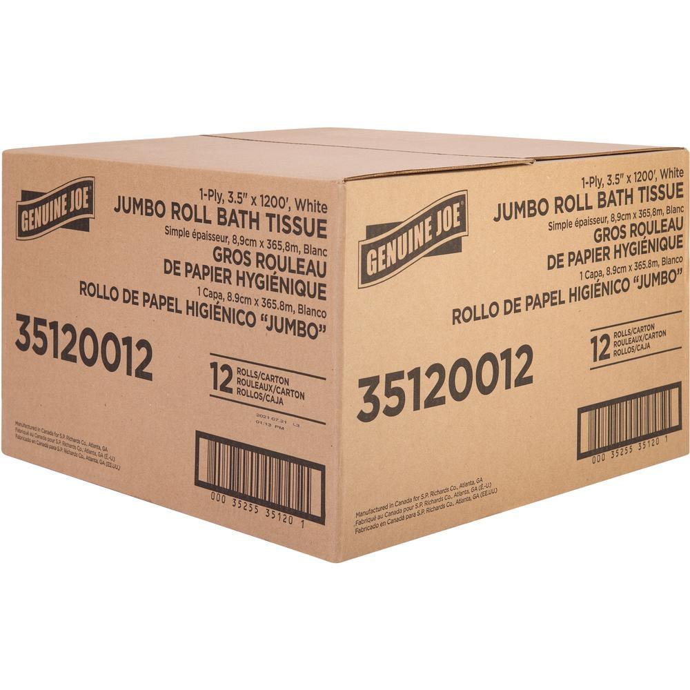 Genuine Joe 1-ply Jumbo Roll Bath Tissue - 1 Ply - 3.63" x 1200 ft - 8.88" Roll Diameter - White - Fiber - 12 / Carton