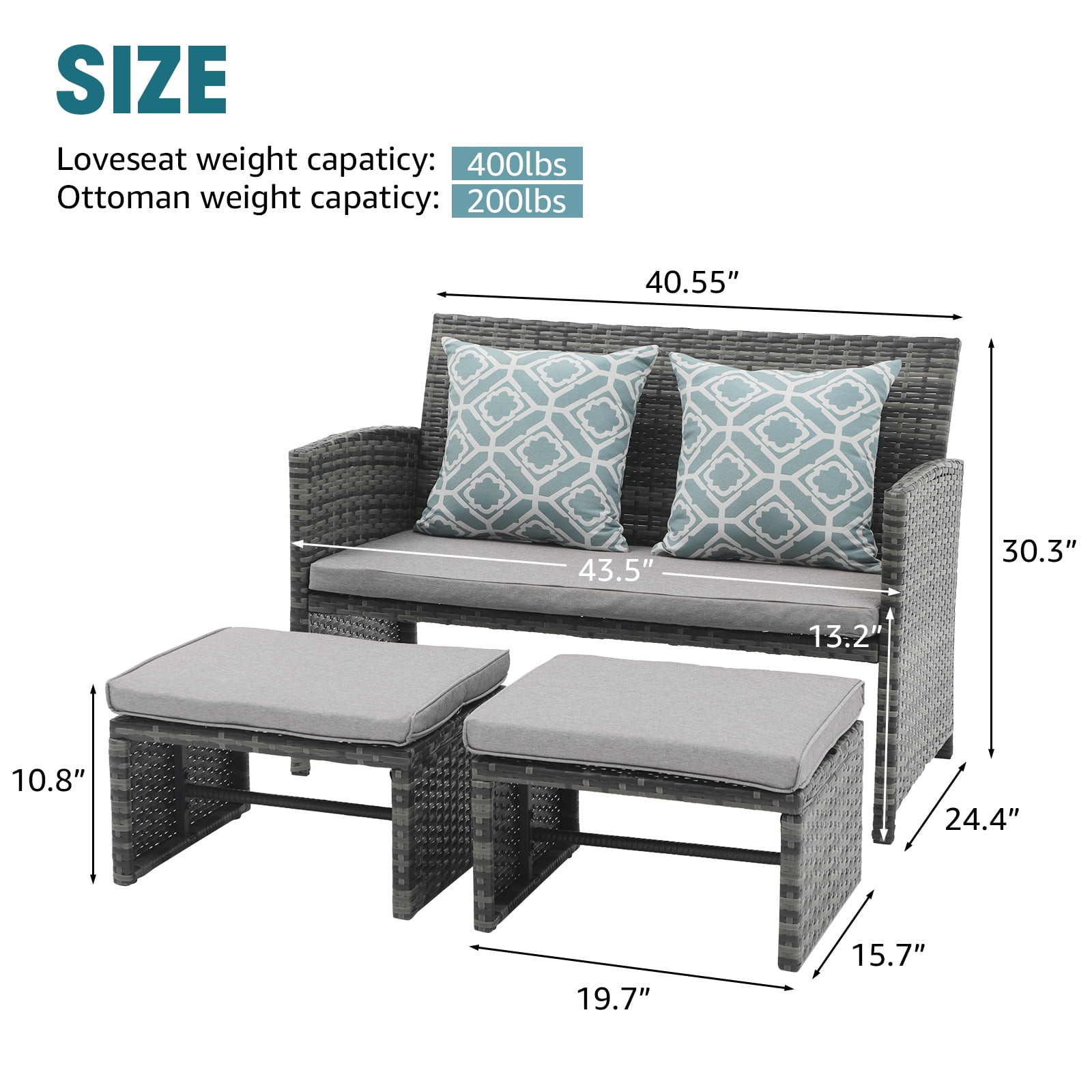 JOIVI Outdoor Loveseat Patio Furniture Rattan Conversation Set, with Ottoman, Pillows Included, Grey Wicker, Light Gray Cushions