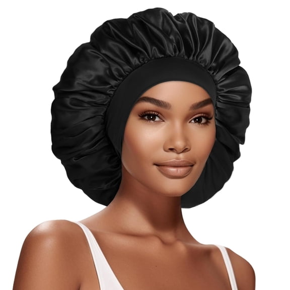 TELOLY Extra Large Satin Bonnet Hair Cap for Women Men 17"Es,Jumbo Silk Sleep Cap,Wide Elastic Band for Braids Curly Hair Locs Satin Bonnet for Sleeping,Black