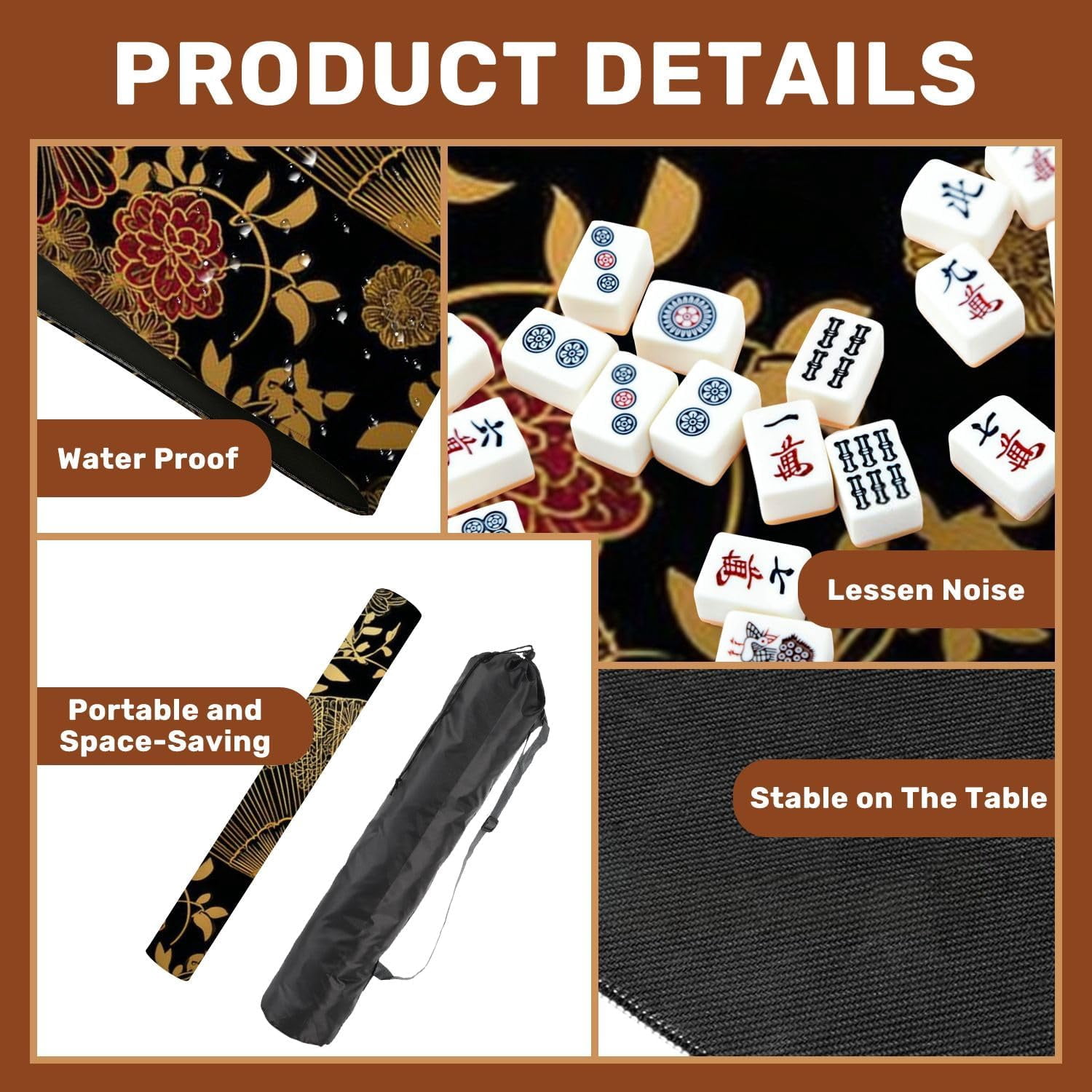 Mahjong Mat 31.5" x 31.5" Fan Flower Unbrella Japanese Chinese Seamless Design Gold Black Non-Slip Noise Reduction Mahjong Tiles Table Cover for Dominoes Poker Card Board and Tile Games