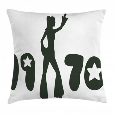 70s Party Decorations Throw Pillow Cushion Cover, Retro Seventies Woman Silhouette Stars Dancing Fashion Youth, Decorative Square Accent Pillow Case, 18 X 18 Inches, Black and White, by Ambesonne