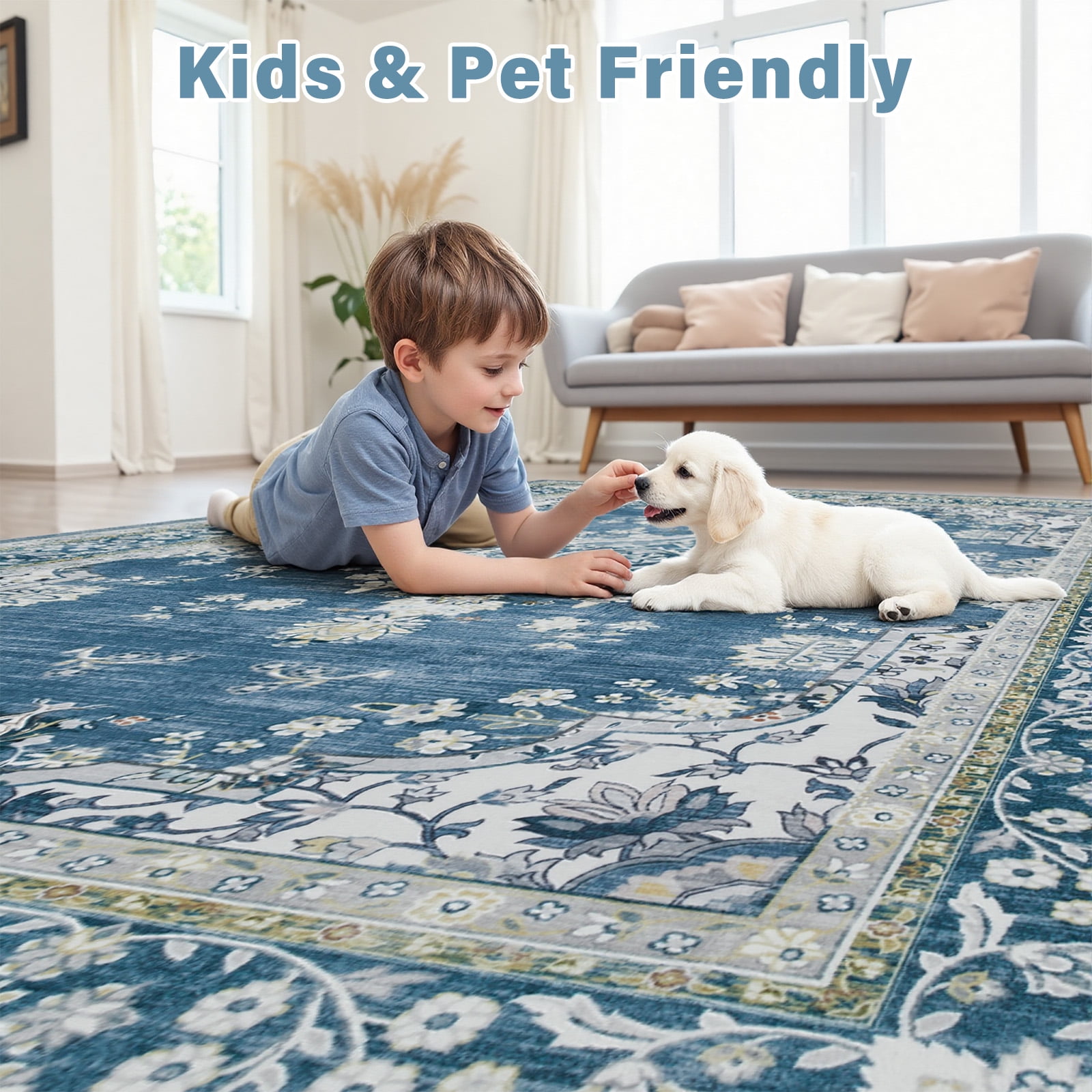 8'x10' Area Rugs for Living Room Washable, Blue Medallion  Vintage Boho Non Slip Rug- Oriental Traditional Farmhouse Carpet for Bedrooms Dining Room, Living Room, Home Office.