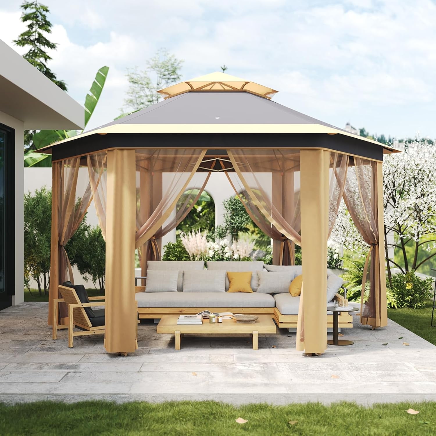 Lumiparty 13x13 ft Outdoor Pop Up Gazebo with Mosquito Netting, Adjustable Height Gazebo Shelter with Carry Bag for Backyard, Garden, Patio, Khaki