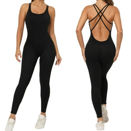 GEWSEY Womens Flare Jumpsuit with Bra Tummy Control Cutout Romper Workout Outfit Sleeveless Unitard One Piece Backless Bodysuit (Black  S)