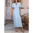 thumbnail image 5 of Women Summer Casual Midi Dress Puff Sleeve V Neck Ruched Button Front Split Boho Beach Vacation Wedding Dresses 2025 S, 5 of 9