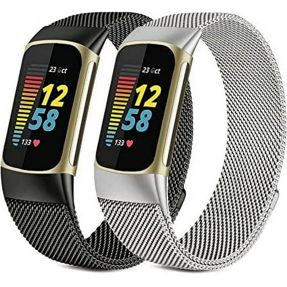 2 Pack Bands Compatible with Fitbit Charge 5 Bands for Women Men, Stainless Steel Mesh Loop Adjustable Magnetic Metal Strap Replacement Wristband for Fitbit Charge 5 Advanced Fitness & Health Tracker