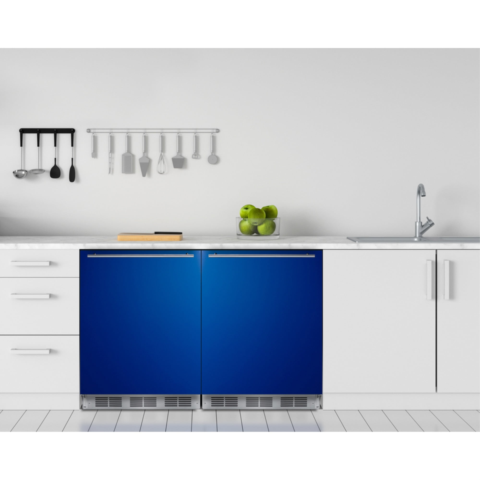 Undercounter 24 Inches all-refrigerator for residential use with cobalt blue door, stainless steel handle, and white cabinet