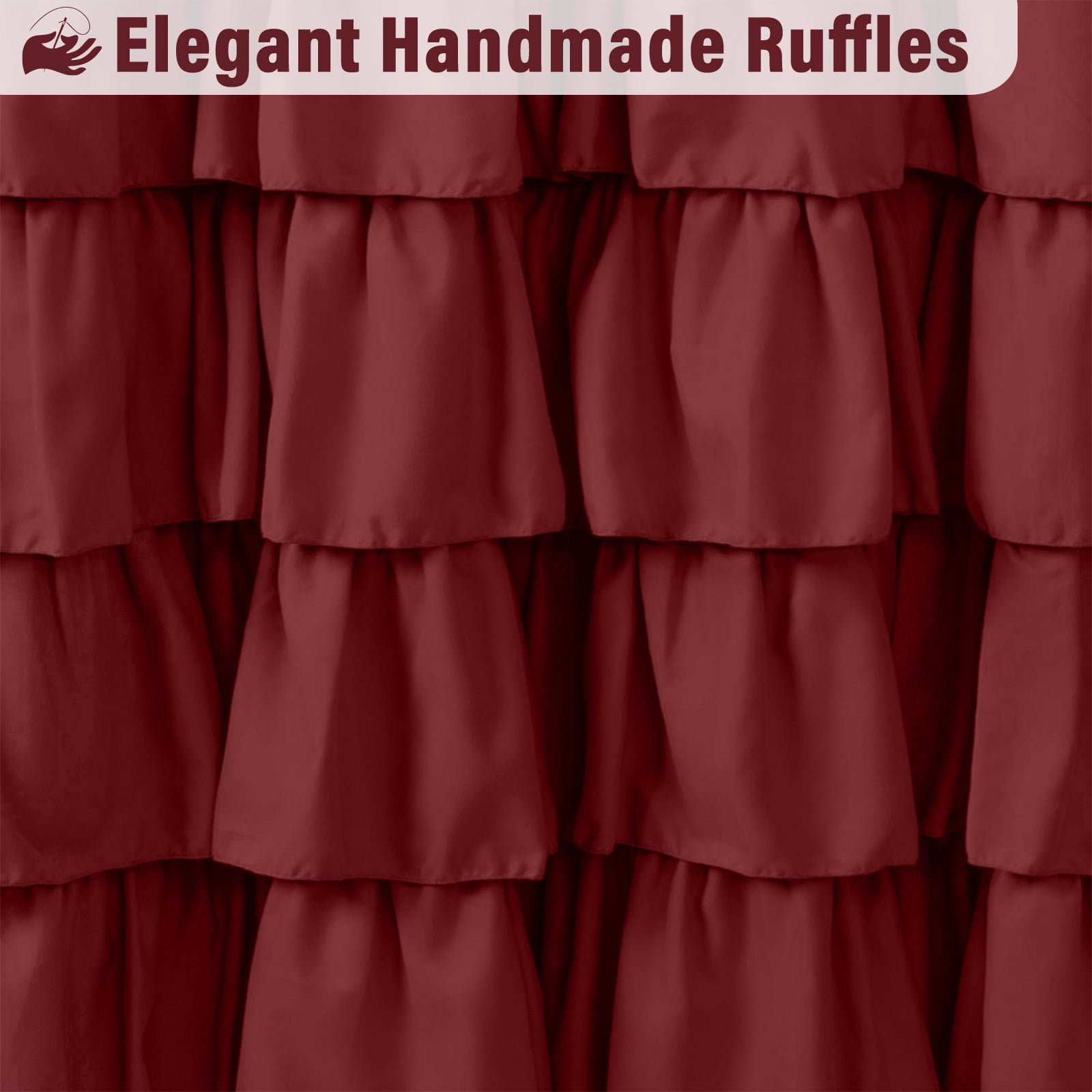Lipa Farmhouse Ruffle Shower Curtain,Shabby Chic Shower Curtain with 12 Hooks,Burgundy,72" x 72"