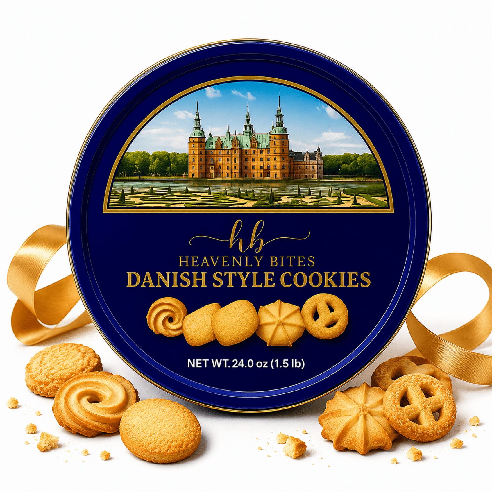 Heavenly Bites Danish Style Butter Cookies in Metal Tin 24 Oz - Crispy Sweet Snacks
