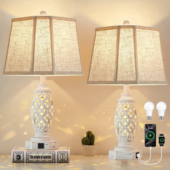 NATYSWAN 23.5" Lamps for Night Stands Set of 2 with USB A+C and Nightlight - Rustic Farmhouse Table Lamp for Bedrooms, End Tables, Living Room - French Country Decor, Bulbs Included.