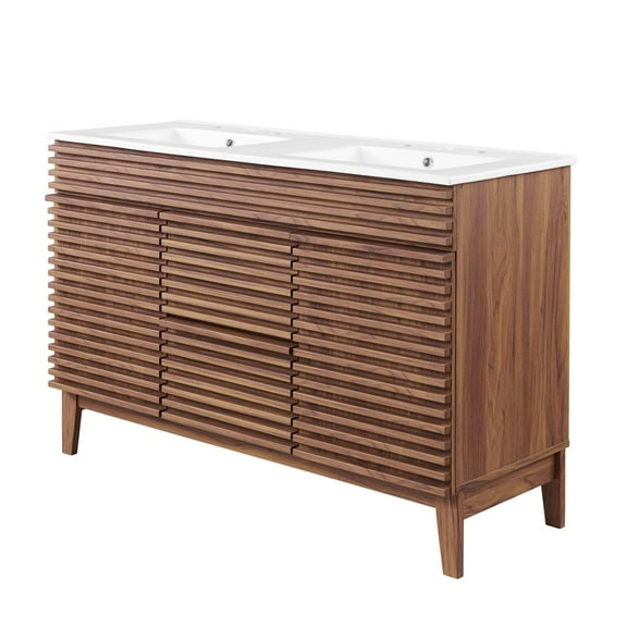 Double Sink Vanity Cabinet, Wood, Brown Walnut White, Modern Contemporary Urban Design, Hotel Bedroom Bathroom Master Suite Guest