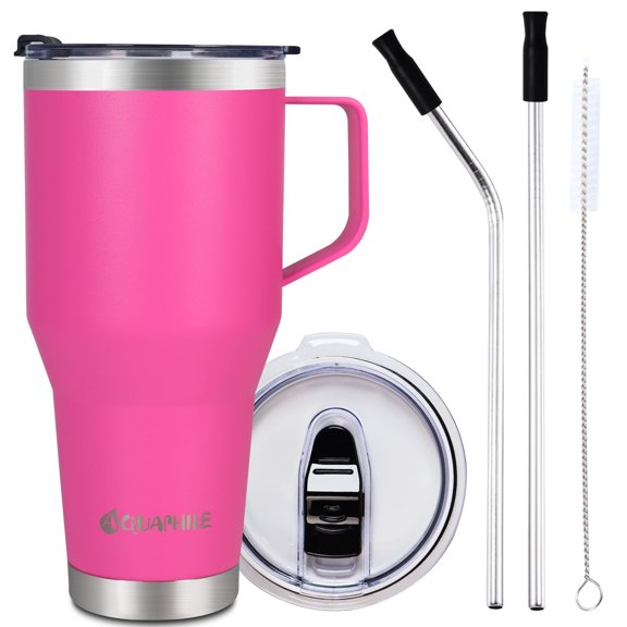 AQUAPHILE 40oz Stainless Steel Tumbler with Handle, Double Walled Insulated Coffee Travel Cup with Lid & Straw, Portable Reusable Thermal Coffee Cup, Rubine Red