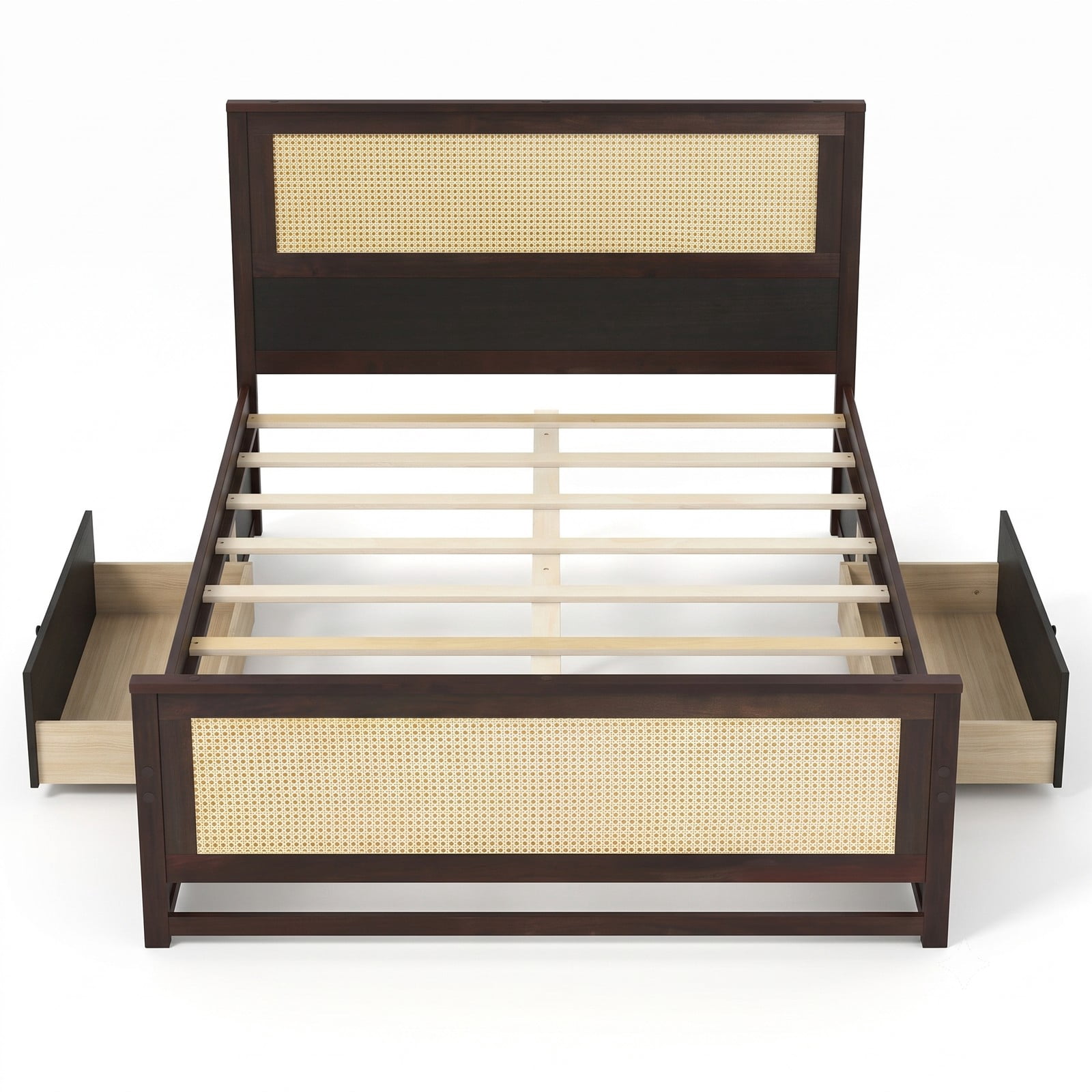 Furnibear Full Size Bed Frame with Storage, Wood Rattan Platform Bed with 2 Drawers and Woven Headboard and Footboard, Rustic Brown