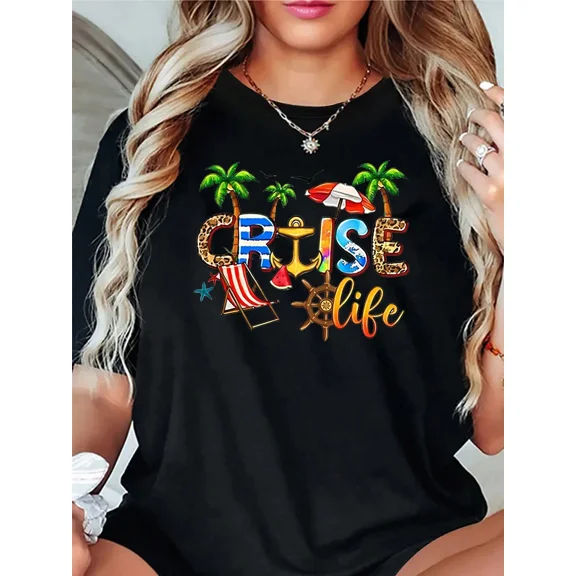 Cruise Life Women's Graphic T-Shirt Tropical Vacation Beach Summer Tee Leopard Print Nautical Anchor Top