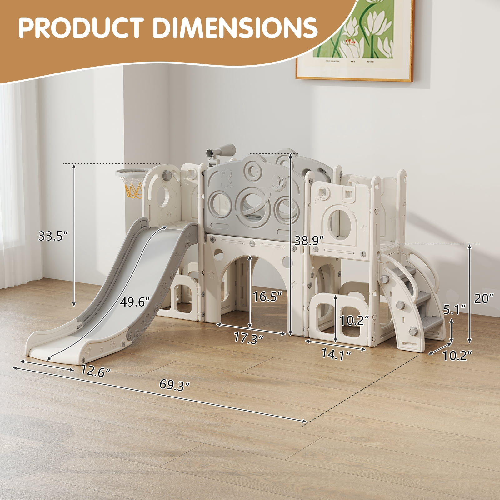 Kinsuite 8-in-1 Toddler Slide Set - Stair Slide for Toddlers 1-3 with Basketball Hoop, Ball, Storage Space & Telescope, Astronaut-Themed Indoor & Outdoor Playground Playset (Grey)
