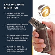Quad Torch Lighter - Handheld Blow Torch for Cooking, Soldering, Resin Art - Portable Torch with Adjustable Flame & Ignition Lock - Luxurious Kitchen Torch & Gift Box by inZaynity - Steel Brown