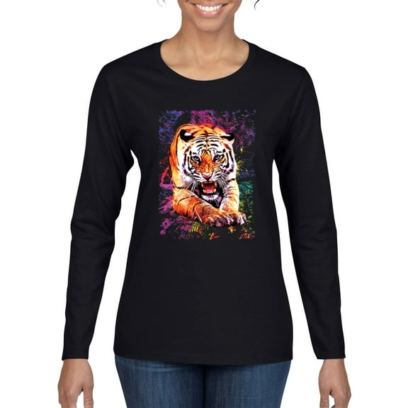 Tiger Growling Colorful Trippy Tie Dye Animal Lover Womens Graphic Long Sleeve T-Shirt, Black, Small
