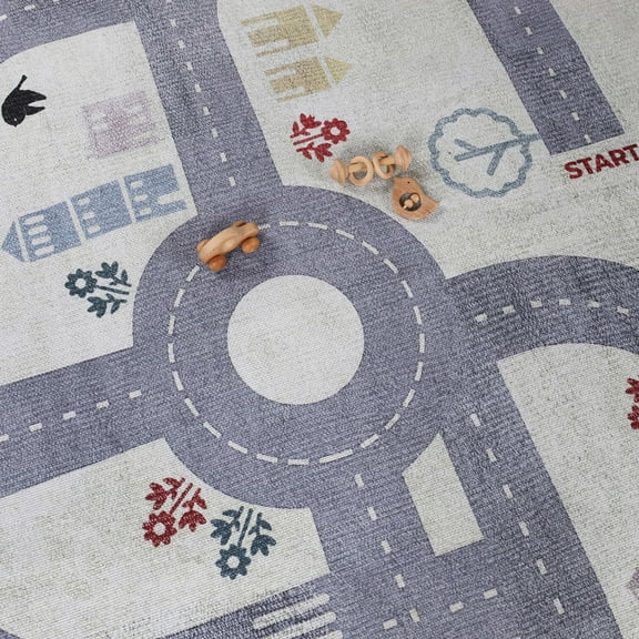 BNM Path Road Non-Slip Kids Washable Indoor Area Rug, 5' 7" x 8' 9", Ivory