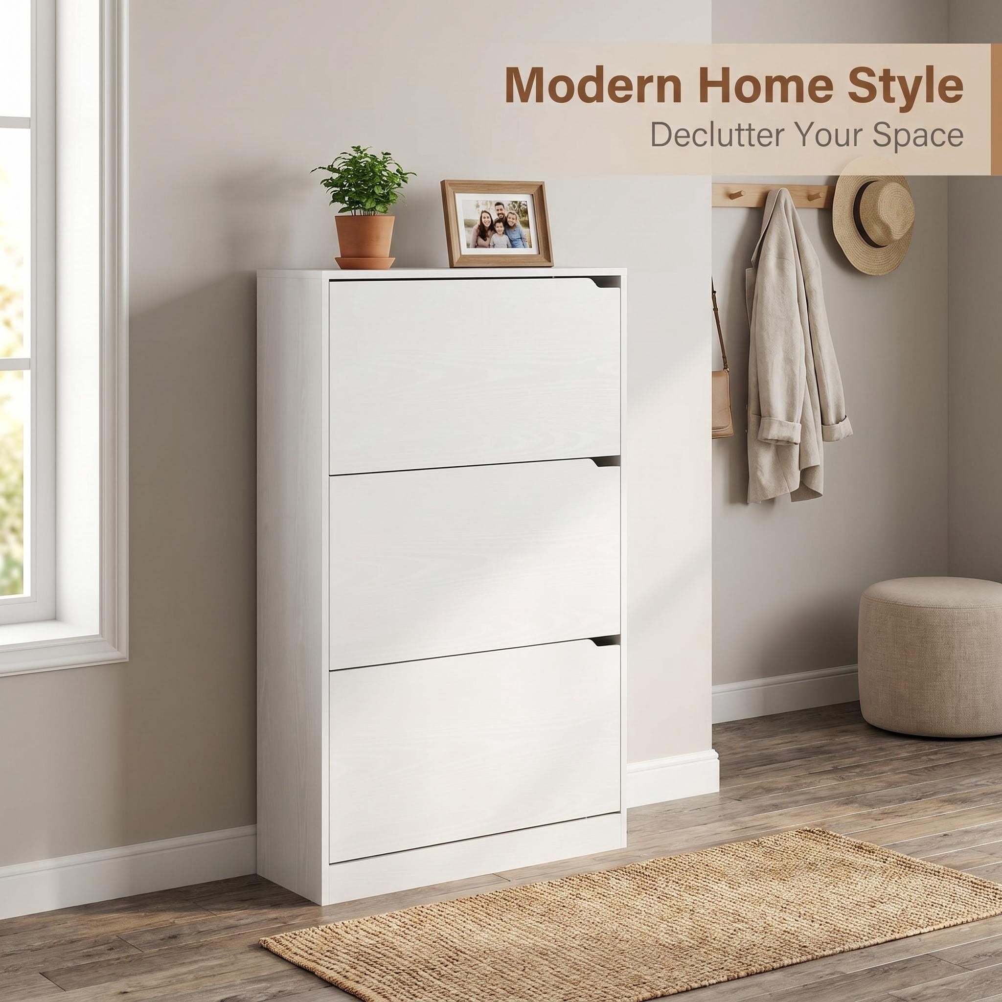 Slim 8.66 Inch Depth Shoe Storage Cabinet, Matte White 3 Flip Drawers Shoe Organizer with Adjustable Shelves Anti-Tip Kit for Entryway Small Apartment Hallway