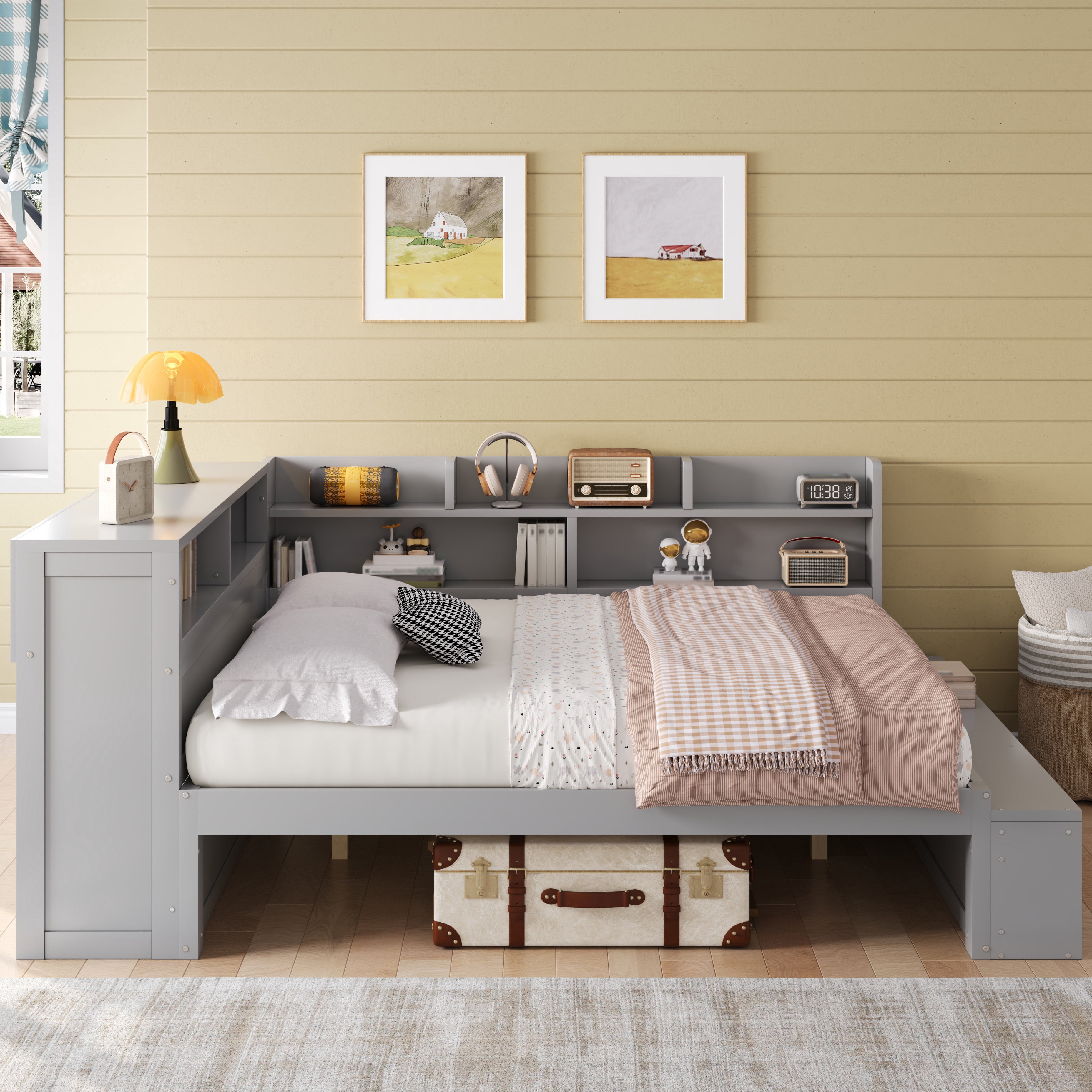 Mintazer Full Size Daybed with Storage Cabinets & Charging Station, Platform Bed Frame with Shoe Rack, Gray