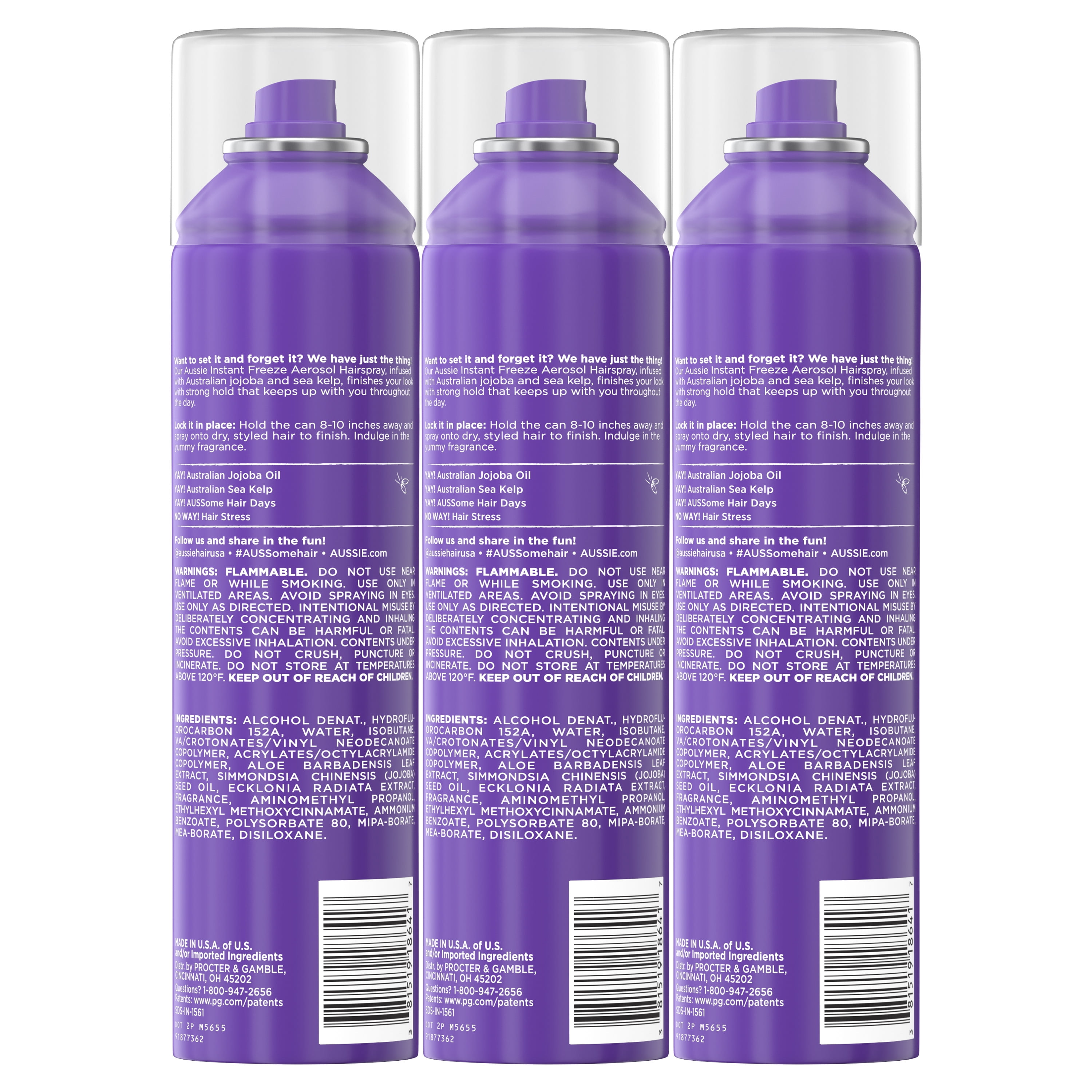 Aussie Instant Freeze Hairspray with Jojoba & Sea Kelp, Strong Hold, 10.0  oz, Triple Pack