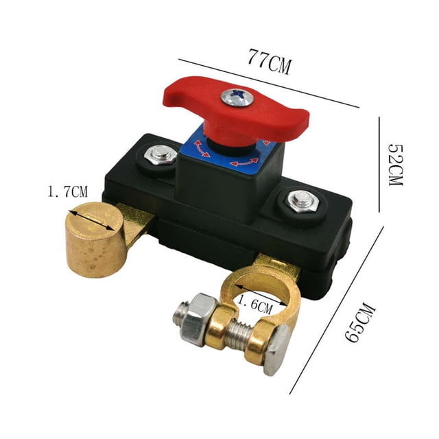 Car Battery Disconnect Switch, Battery Breaker Safety Isolator with a compact design measuring 65 x 77 x 52 cm. Features a red handle for easy one-hand operation, brass connectors for high conductivity, and a flame-retardant ABS casing for durability. The blue area includes clear 'ON' and 'OFF' markings for quick identification. Suitable for 12V-24V systems with a rated current of 100A and instantaneous current of 1000A. Ideal for use in vehicles like trucks, RVs, and tractors.