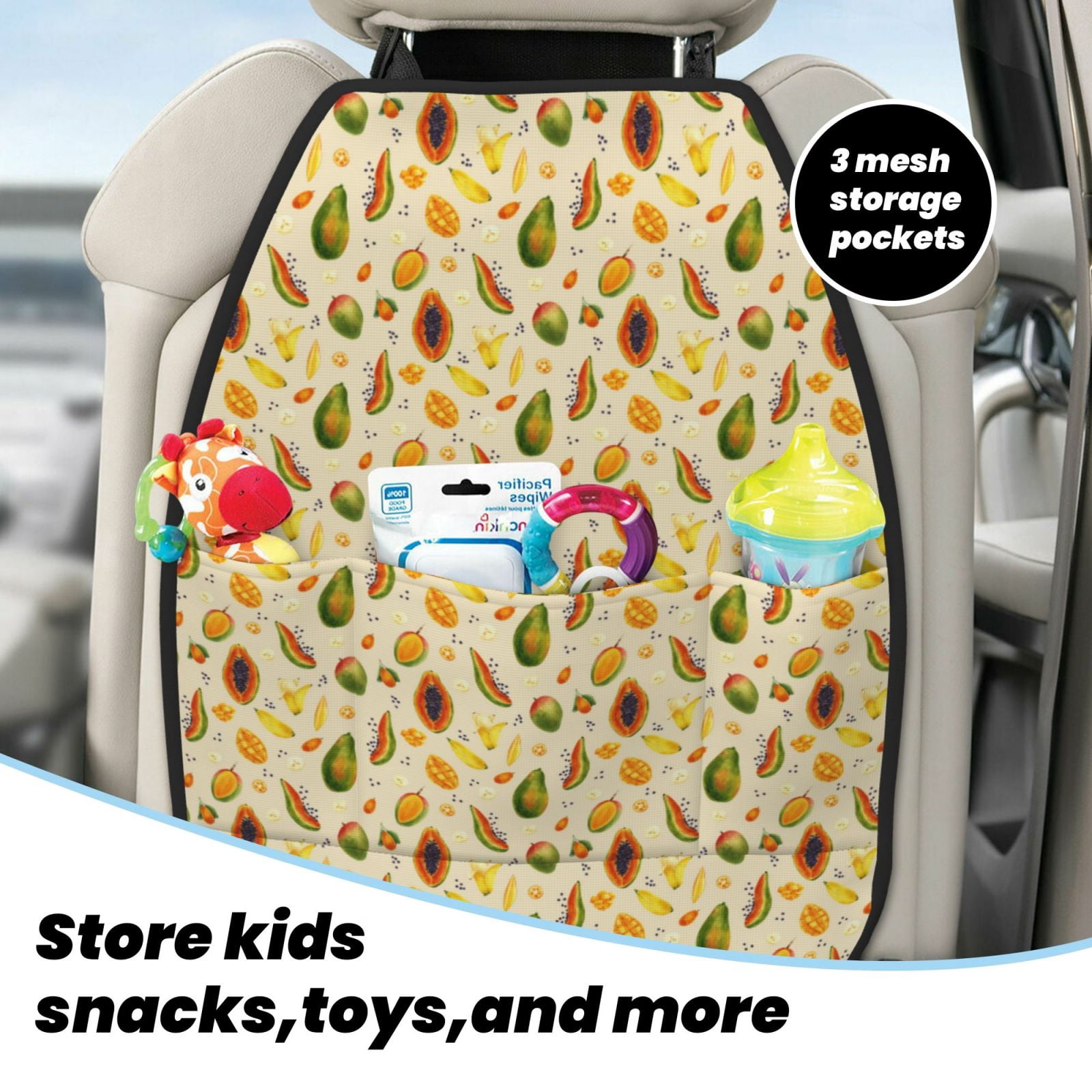 Kdxio Tropical Fruits Print 2 Pack Car Kick Mat Seat Cover Back Protector Mat with Pockets for Organizer Backseat Protector and Storage Anti Kick Pad for Vehicles