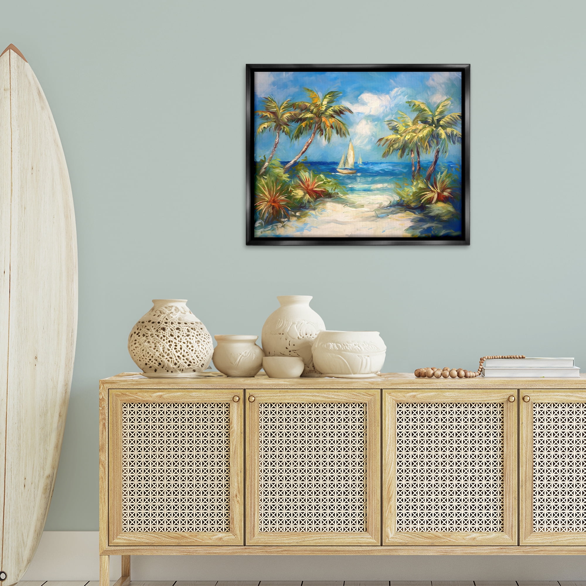 Stupell Industries Tropical Paradise Harbor Coastal Painting Black Floater Framed Canvas Art Print Wall Art, 31 x 25