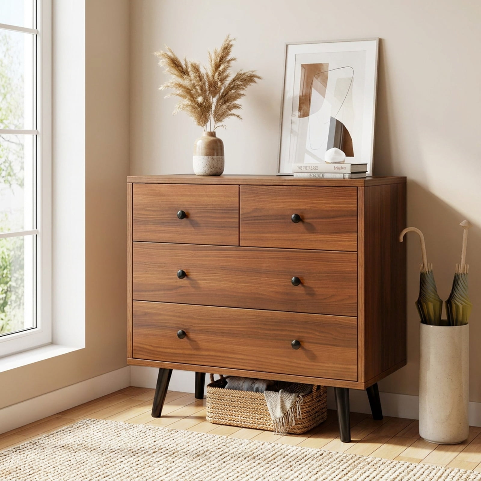 Furnibear Wide Wooden Dresser with 4 Drawers for Bedroom Living Room for Bedroom Closet Living Room Nursery Clothes Storage, Walnut