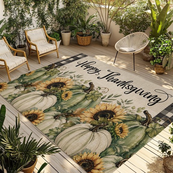 Outdoor Rug, Thanksgiving Pumpkin Sunflower Leaf Indoor Area Rug Outdoor Carpet RV Camping Rugs 5x8ft Retro Fall Plant Buffalo Plaid Outside Mat for Patio Picnic Porch Deck Balcony Backyard