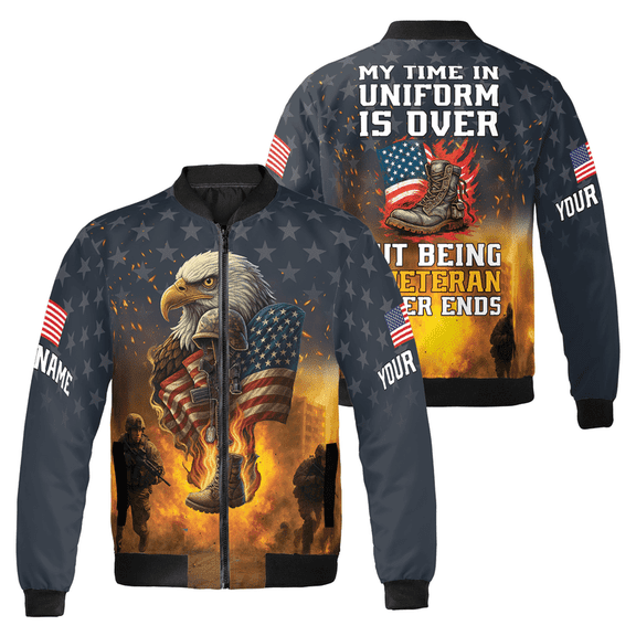 Personalized America Flag Eagle US Veteran Bomber Jacket - Customized US Flag & Military Artwork Veteran's Day Jacket